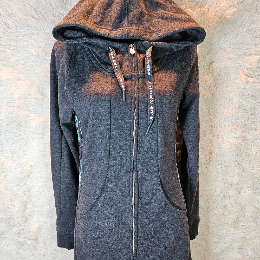 Adidas Neo Women's Grey/White/Aqua Stripped Trim Full Zip Hoodie Long Jacket S